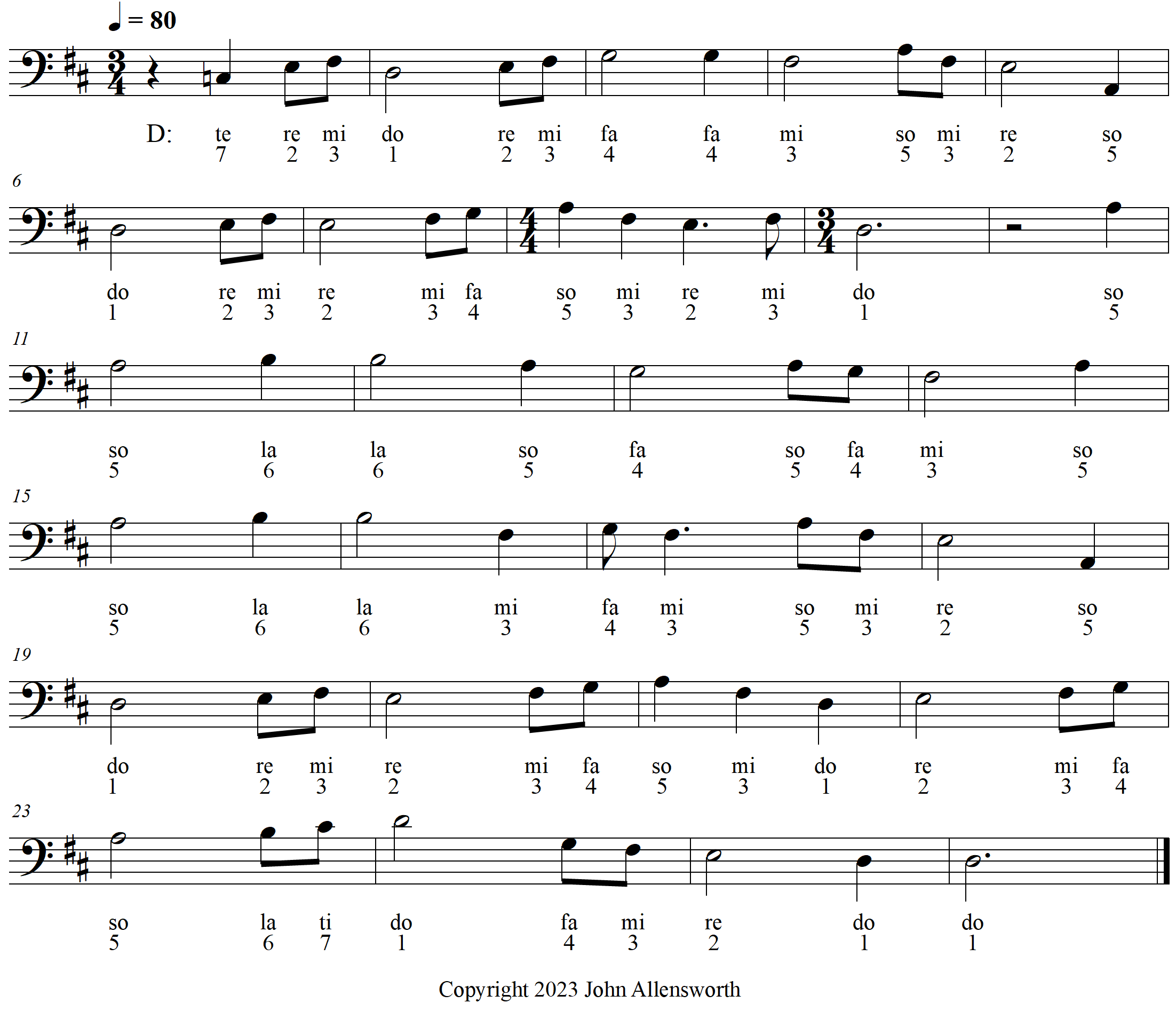 Happy Bird, composed by John Allensworth, with solfege and scale degree numbers